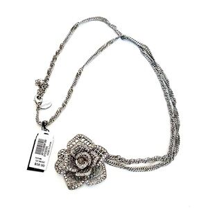 WHBM Pave Crystal Silver Rose Pendant/Broach Convertible Necklace NWT​